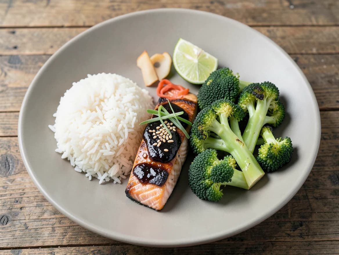 Miso-glazed salmon with charred broccoli on a neutral ceramic plate